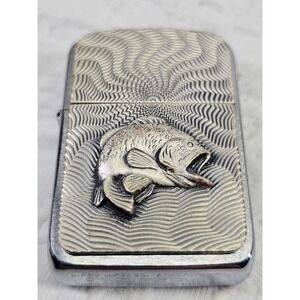 Rare Zippo Lighter Silver Excellent 3D Bass Fish Pat 2032695 D 02 2002